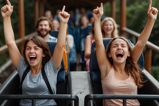 Young family screaming with arms raised on roller coaster