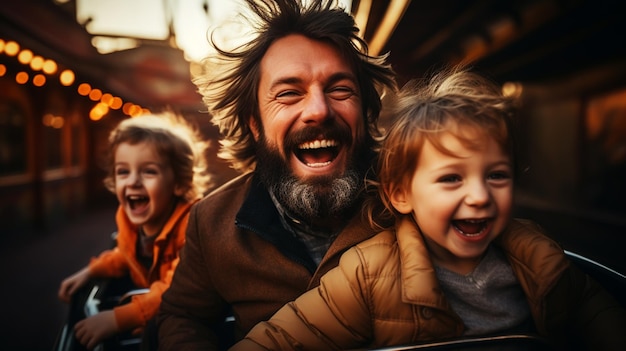 Young family screaming with arms raised on roller coaster