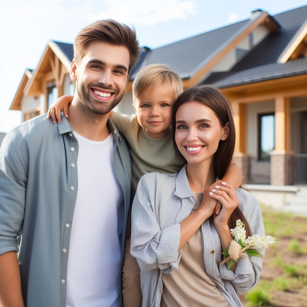 young family smiles against the backdrop of a newly cottage