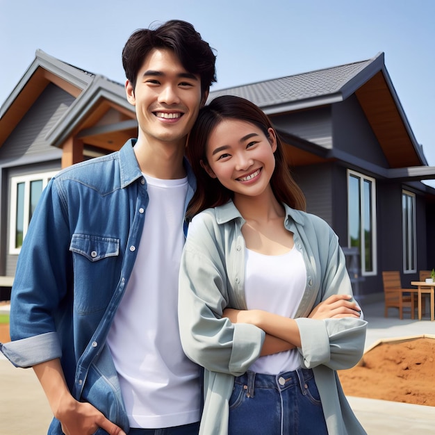 young family smiles against the backdrop of a newly cottage