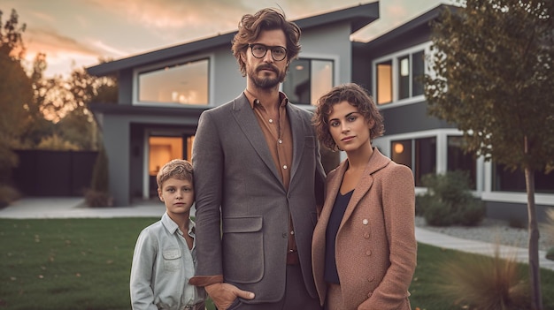 A young family standing outside their new house