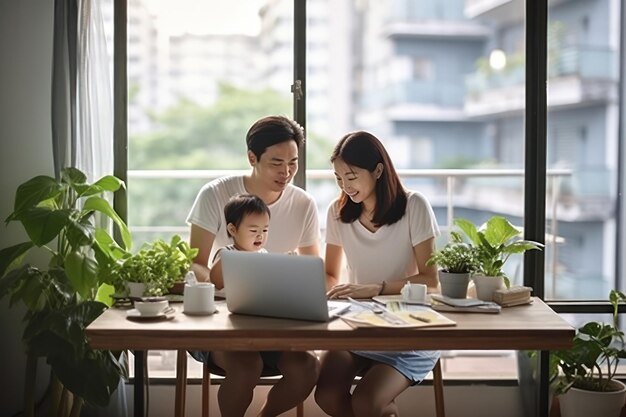 사진 노트북 을 사용하는 젊은 가족