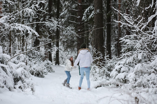 산책을 위한 젊은 가족. 엄마와 딸이 겨울 공원에서 걷고 있습니다.