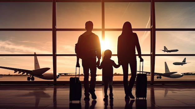 窓から何かを見せている荷物の女の子と一緒に空港を歩く若い家族