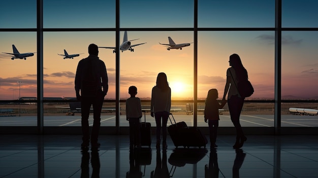 Young family walking at airport with luggage girl showing something through window