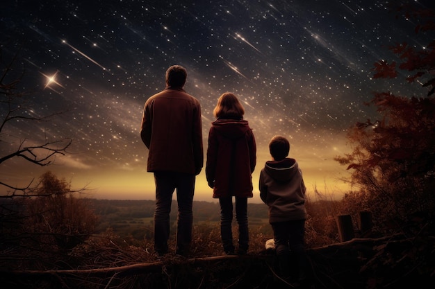 Молодая семья с ребенком смотрит на звездное небо Семья из четырех человек смотрит на звезды в сельской местности