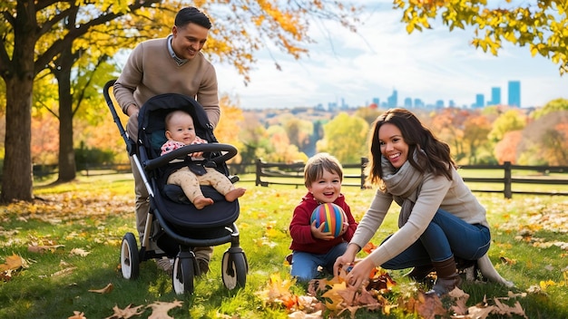 Young family with children in autumn park