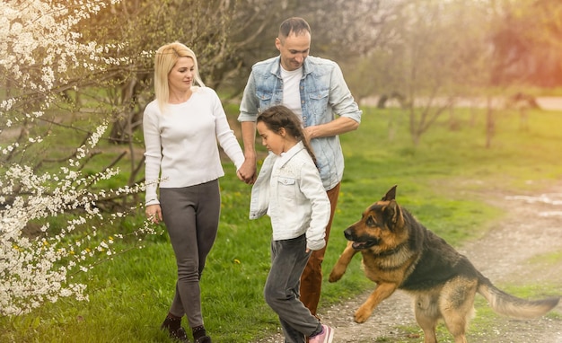 Молодая семья с детьми и с собакой развлекается на природе