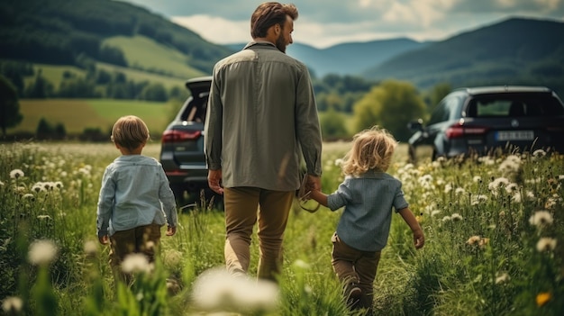 Foto famiglia giovane con bambini che viaggia in auto