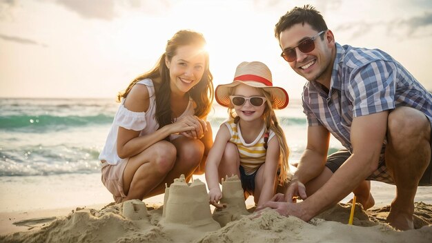 Photo young family with little daugher on a vacation by the ocean