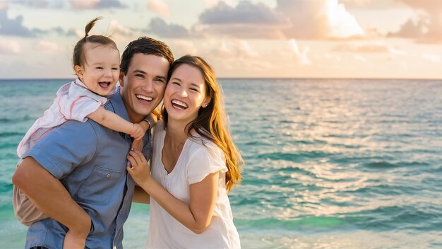 Photo young family with little daugher on a vacation by the ocean