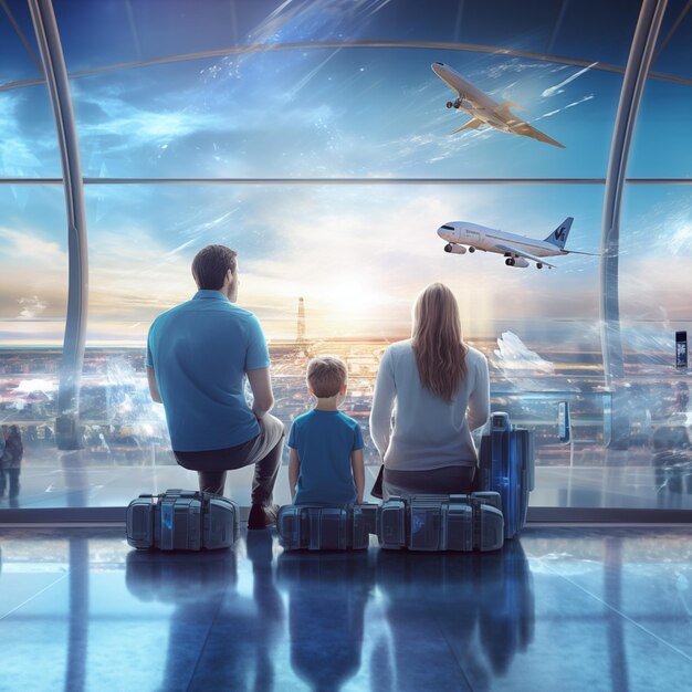 Young family with luggage at the airport Travel and tourism concept