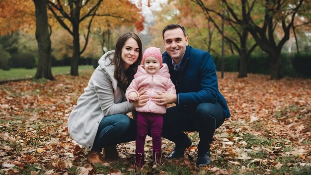 Young family with their small daughter in autumn park