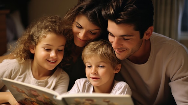 A young family with two small children snuggled up together in their bedroom