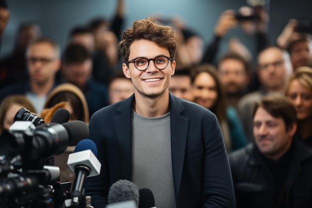 Young famous man gives an interview to journalists