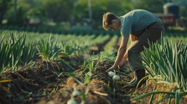 A young farmer farming onions Field landscape from the back Generated by artificial intelligence