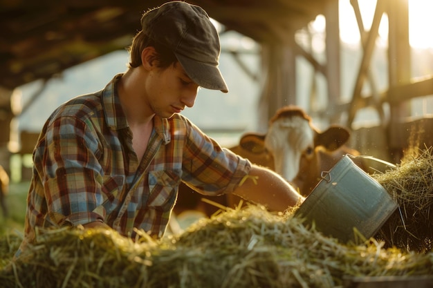 Фото young farmer feeding cows in dairy farm