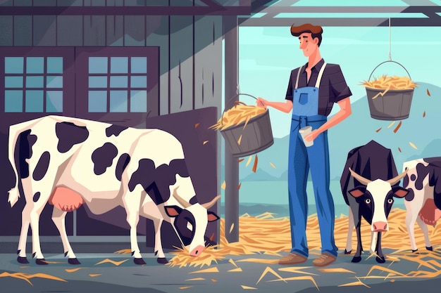 Фото young farmer feeding cows in dairy farm