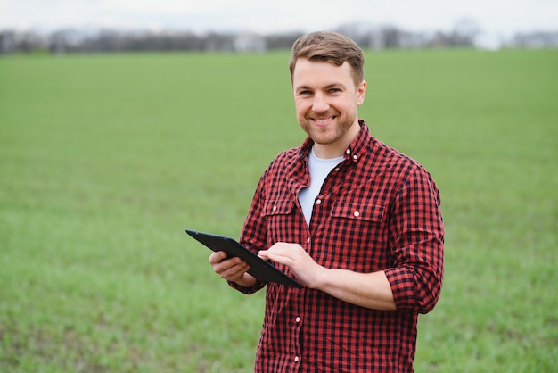 Young farmer holding a tablet and checking the progress of the harvest at the green wheat fieldt Worker tracks the growth prospects Agricultural concept