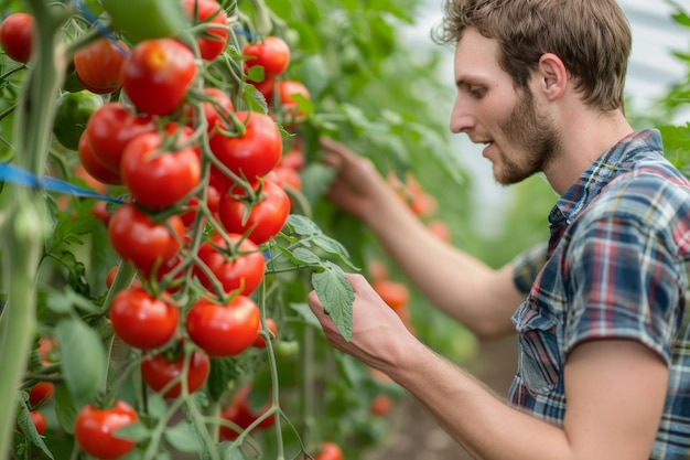 写真 若い農夫が温室でトマトの植物を検査する 持続可能な農業と地元の生産の肖像画