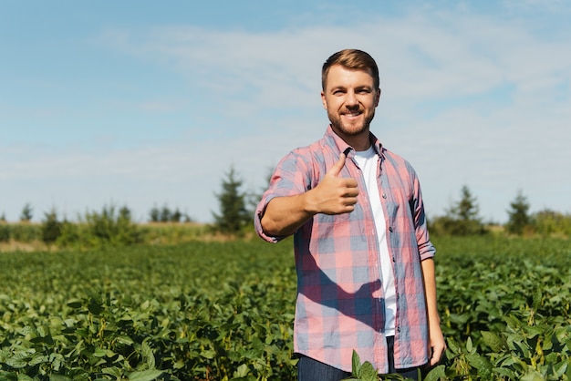 Young farmer in soybean fields