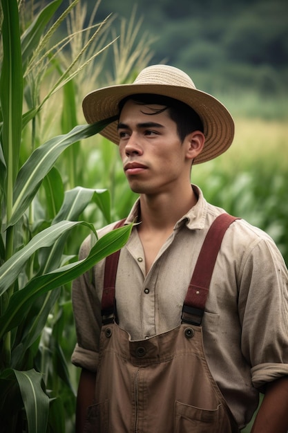 A young farmer standing next to his cornfield