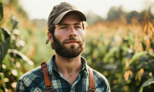 Photo a young farmer standing in the middle of a corn field