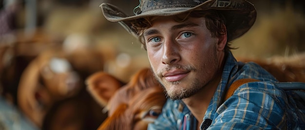 Photo young farmer tends to animals in a rustic stable with farm tools concept farm life rustic stable animal care farm tools young farmer