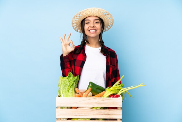 指でokサインを示す木製のバスケットに新鮮な野菜を保持している若い農夫