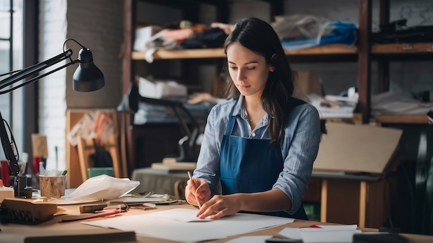 Young fashion designer working in her workshop alone