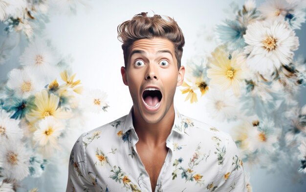 Photo young fashion handsome man is surprised and excited in summer