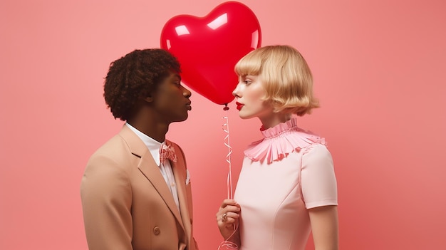 Photo young fashion interracial couple with balloons on color background valentine's day celebration