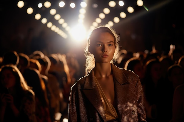 Young fashion model walking at a Fashion show during warm light on background Generative Ai