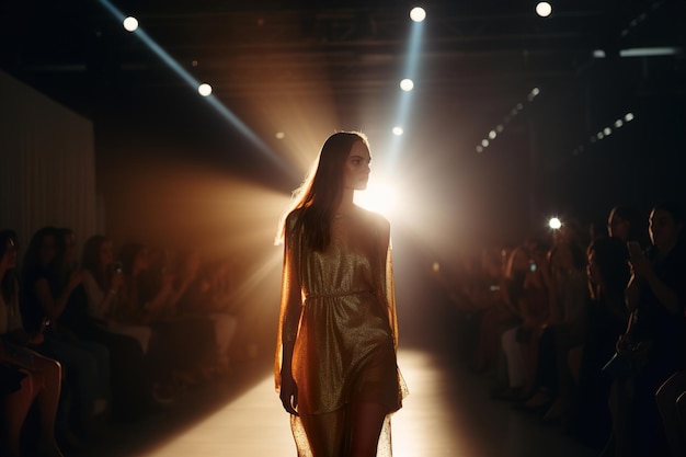 Young fashion model walking at a fashion show during warm spotlights on background generative ai