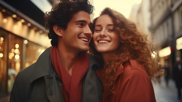 Молодая модная улыбающаяся пара путешественников Площадь торговый район фон