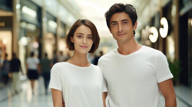 写真 白いtシャツを着た若いファッションの笑顔の旅行者カップルプラザショッピング地区の背景