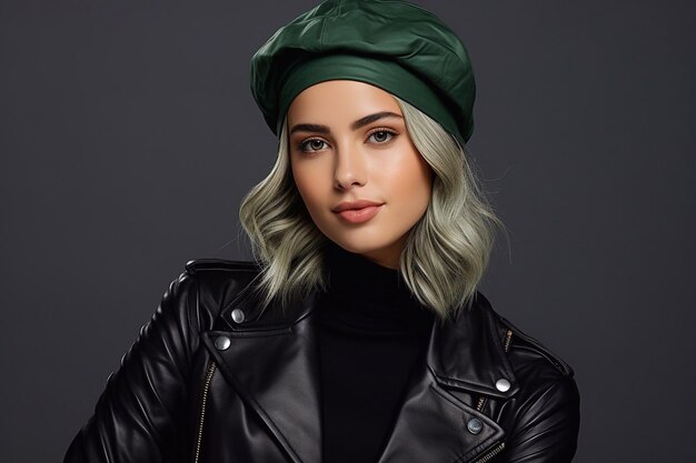 young fashionable blonde woman in green leather beret and black leather jacket