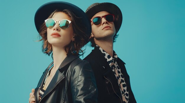 Young fashionable couple on blue background