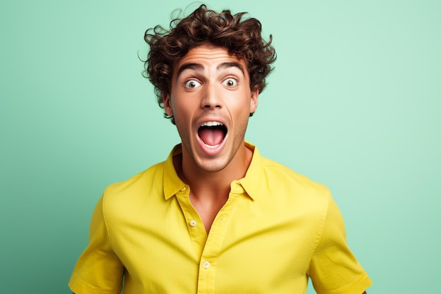 Young Fashionable Man Expressing Surprise and Excitement on a Radiant Background