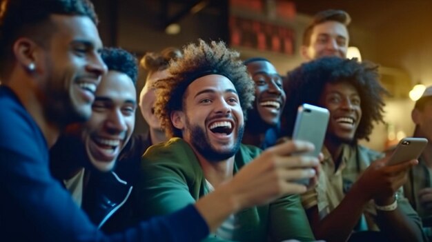 스마트폰으로 스포츠 경기를 보면서 선호하는 팀을 응원하는 젊은 패셔너블한 다민족 남성 목표 축하 베팅 또는 복권 승리 및 생성 AI