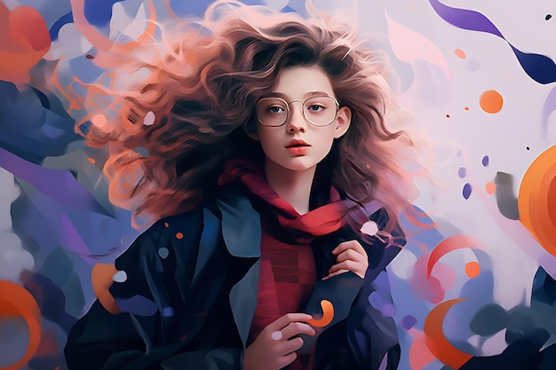 Young fashionable woman posing to the camera on colorful elements background