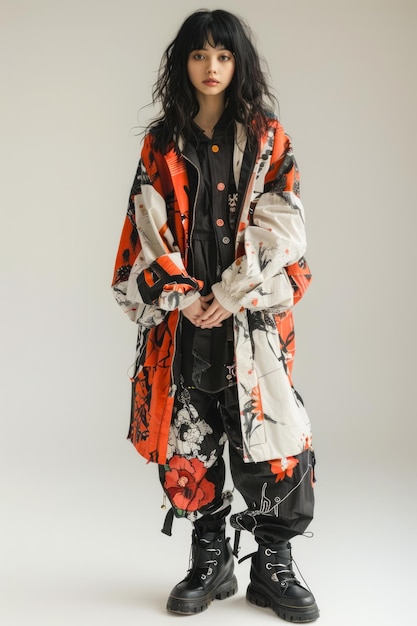 Young Fashionable Woman Posing in Stylish Floral Jacket and Black Boots on Neutral Background