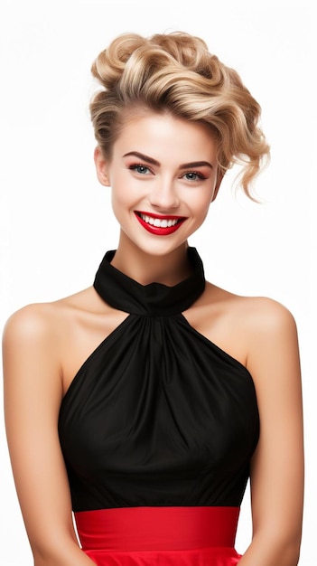 Photo young fashionable woman with red lips on smiling pretty face with grimace and stylish hairdo in