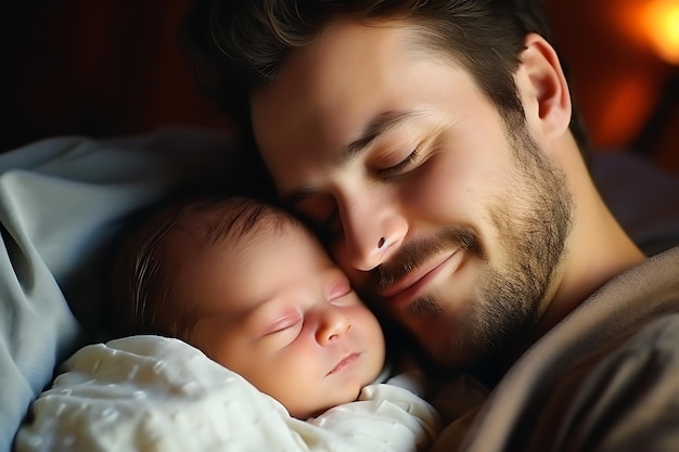 若い父親が生まれたばかりの赤ちゃんを抱きしめて笑顔 横写真
