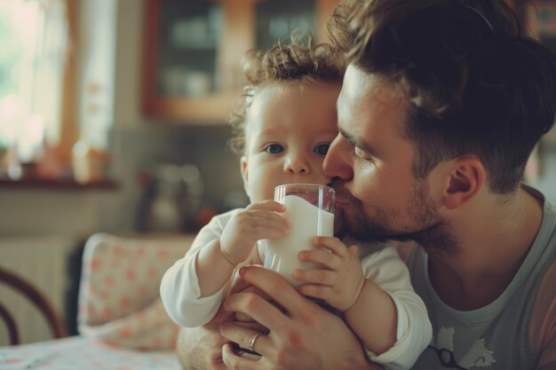 Foto il giovane padre bacia il suo bambino mentre beve latte