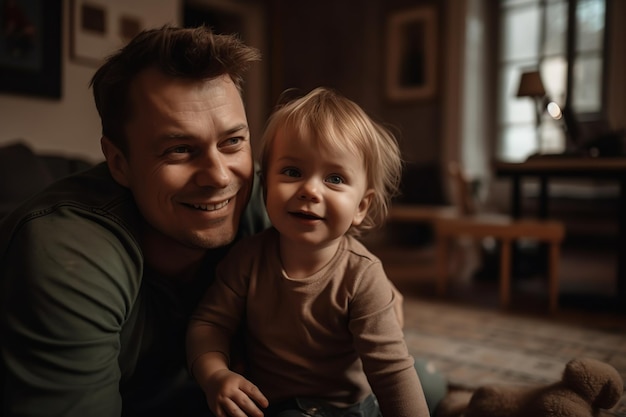 若い父親がひざまずき、家で遊んでいる子供を抱きしめる ジェネレーティブ AI イラスト