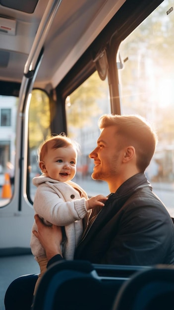 젊은 아버지와 캐주얼 옷을 입은 플러스 사이즈 어머니는 버스를 타고 작은 유아 소년을 들고 있습니다.