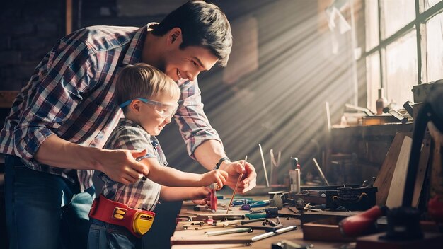 Young father teaches his little son tinkering