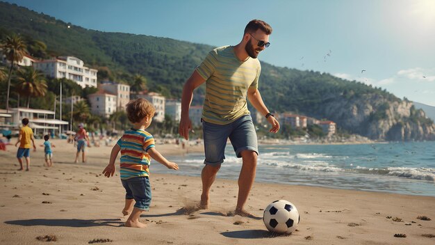 Young father with his little son playing football on the beach sea sunny day summer