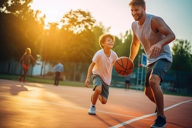 Young father with his son playing basketball on the court